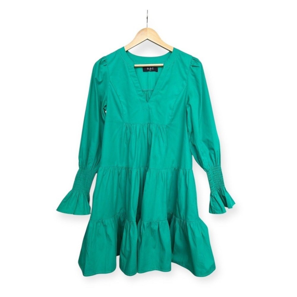 OPT Anthropologie Bay Mini Dress Emerald Green Cotton Small Tiered‎ Smock Sleeve - Picture 2 of 10